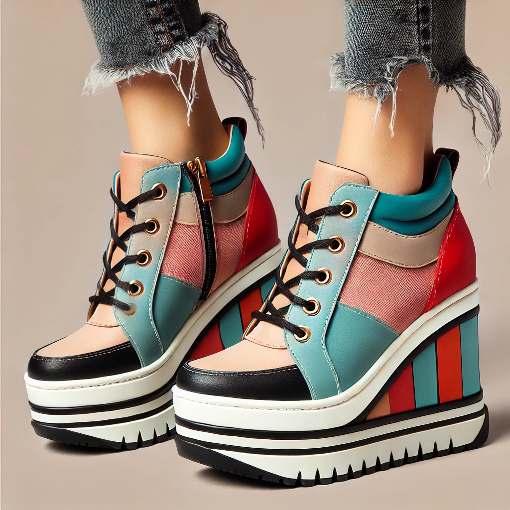 Scarpe Shop Online | Lecceshoes Shop Online, Un paio di eleganti scarpe con zeppa e plateau in colori vivaci, perfette per la moda primaverile. Il design presenta una suola a zeppa alta e comoda con dettagli alla moda.